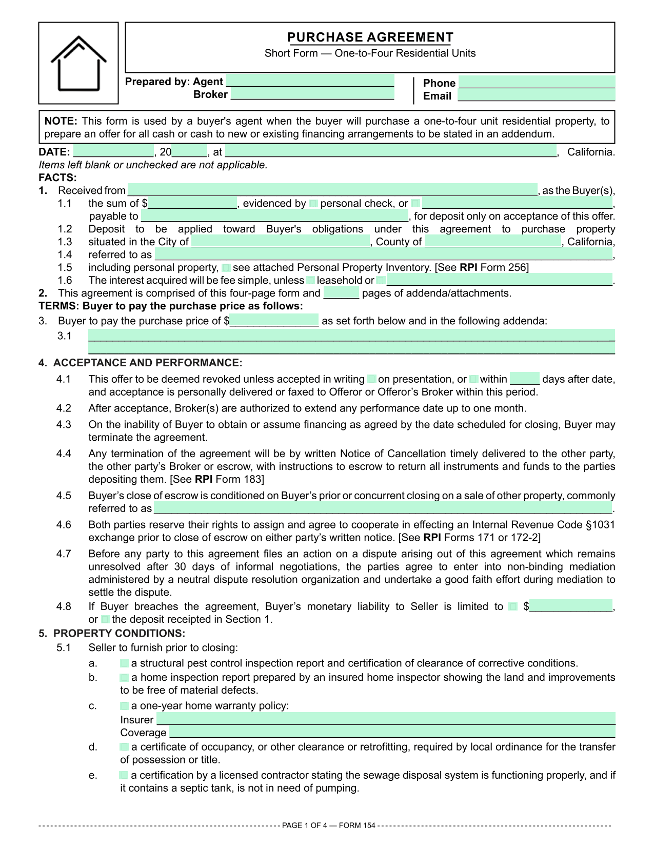 Residential Purchase Agreement (RPI 154) screenshot